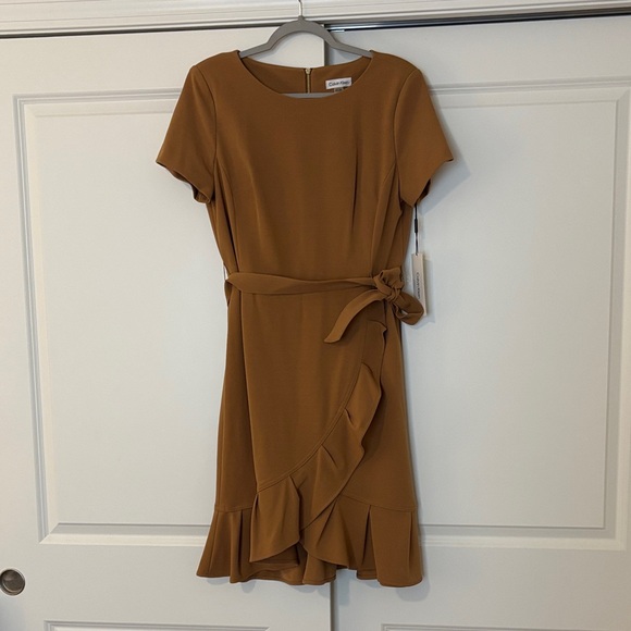Calvin Klein Tan Ruffle Wrap Mini Dress - Picture 1 of 6